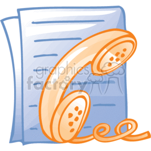 The clipart image depicts a traditional handset of a telephone in front of a stack of paper documents. The paper documents could represent office paperwork, contracts, or files typically found in a business setting. The telephone handset is an iconic representation of communication in a work environment, indicating that phone calls are part of the business dealings or operations. The image conveys a theme of office work that might involve telecommunication and document handling.