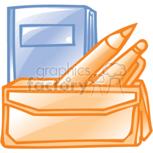   The clipart image shows office supplies typically used in a business setting. There is a folder with a label area at the back, In the foreground, there