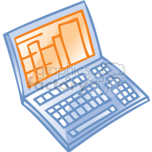 The image is a stylized, cartoon-like representation of a laptop computer. The screen displays what appears to be a chart or a series of bar graphs, possibly indicating some data analysis or business report. The laptop is shown at an angle that provides a good view of both the screen and the keyboard. This clipart is commonly associated with themes like business, office work, data analysis, and technology.