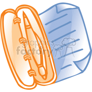 The clipart image shows a pen in an open case next to a stack of documents or papers. The pens appear to be clicked into the writing position, ready for use. The papers are illustrated with lines to represent text. This type of image is typically associated with business or office work, where signing documents or working with paperwork is common. The image represents business supplies or office supplies used in a professional setting for writing, reviewing, or signing documents.