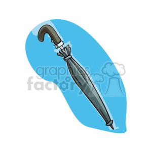 Clipart image of a closed umbrella with a curved handle against a blue background.