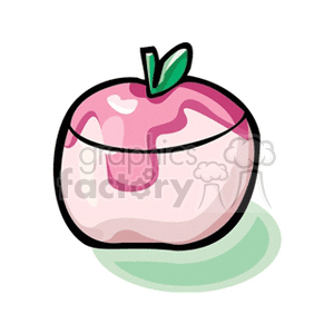 A pink cartoon apple with a green leaf on top, set against a white background with a shadow below. It appears to be a contain, with a line where the lid opens. This could be to store jewelry, or other things in 
