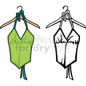 Clipart image of two swimsuits hanging on hangers, one colored in green and the other in black and white.