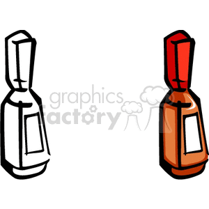 A clipart image featuring two nail polish bottles. The one on the left is in black and white, while the one on the right is in color with an orange bottle and a red cap.