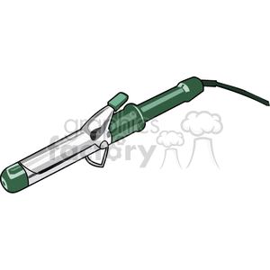 A clipart image of a green and silver curling iron with a power cord.