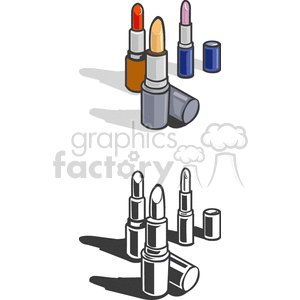 Clipart image featuring three lipsticks in different colors and styles, with their caps removed. The image also includes a black and white version of the same lipsticks.