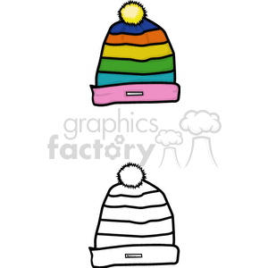 Clipart image featuring two winter beanies: one colorful striped beanie with a pom-pom, and one black-and-white striped beanie with a pom-pom.