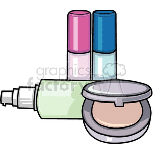 Clipart image of various cosmetics including two bottles of lip gloss, a lotion bottle, and a compact powder.