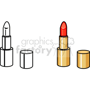 A clipart image showing two lipsticks, one in black-and-white and one in color. The colored lipstick has a red shade and is paired with a gold casing, while the black-and-white one is without color details.