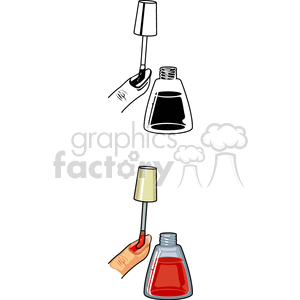 Clipart image showing the process of applying nail polish. The image includes a hand holding a brush applicator with the bristles coated in nail polish, and a nail polish bottle.