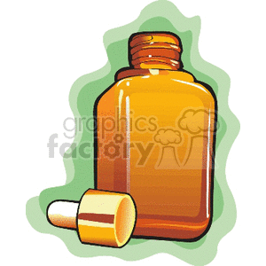 Clipart image of an amber-colored bottle with a dropper cap, depicted on a green background.