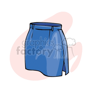 This clipart image features a blue skirt with a slight sheen, depicted against a light pink abstract background. The skirt has a slit on one side and a waistband with belt loops.
