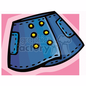 Clipart image of a blue denim skirt with yellow buttons and pockets on a pink background.
