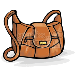 A clipart image of a brown leather handbag with a strap and clasp.