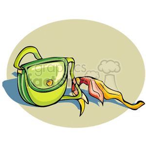 Clipart image of a green handbag with a colorful scarf attached to it, set against a light background.