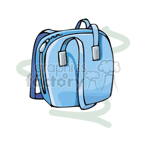 A clipart image of a blue backpack with straps and zippers.