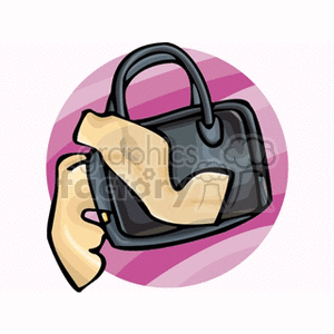 A clipart image of a black handbag with a beige scarf draped over it, set against a pink circular background.
