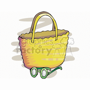 A clipart image depicting a yellow basket with two handles and a pair of green glasses resting at the bottom.