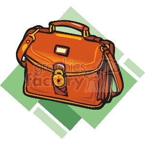 A clipart image of a brown leather satchel with a handle and strap, set against a green geometric background.