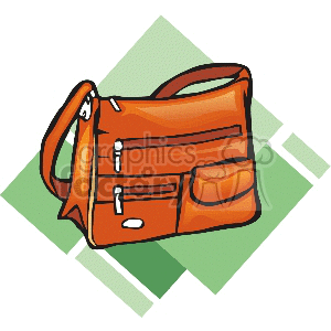 A clipart image of an orange messenger bag with multiple compartments and a strap, set against a green geometric background.