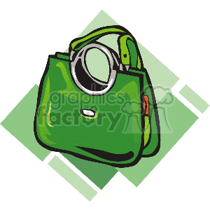 Clipart image of a green handbag with a handle, placed in front of a green geometric background.