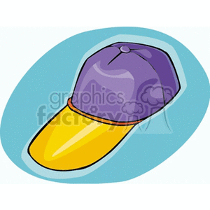 A colorful clipart image of a baseball cap with a purple top and yellow brim on a light blue background.