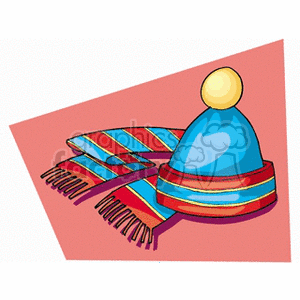 Clipart image of a blue winter hat with a yellow pom-pom and a colorful striped scarf on a pink background.