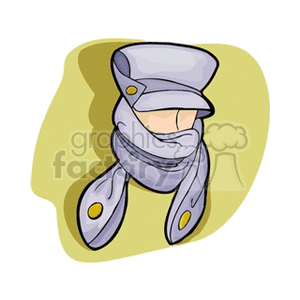 A cartoon-style clipart image showing a gray hat with a brim and buttons, along with a matching scarf, both featuring a minimalistic design with simple lines and shading.