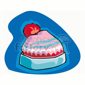 Colorful winter hat with a red pompom, pastel stripes, and a blue brim, illustrated in a clipart style.