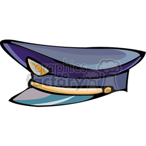 A clipart illustration of a blue military or police cap with a golden badge and trim.