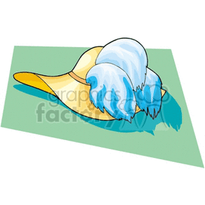 This clipart image features a yellow hat adorned with two white and blue feathers, resting on a flat green surface.