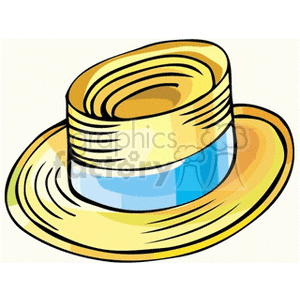 A colorful, straw-like hat with a blue ribbon depicted in a clipart style.