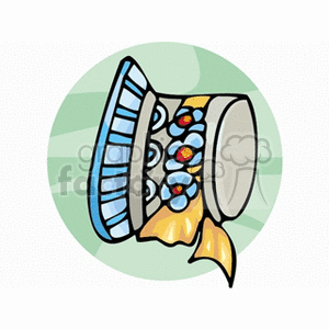 Clipart image of a decorative hat adorned with blue and yellow flowers and ribbons.