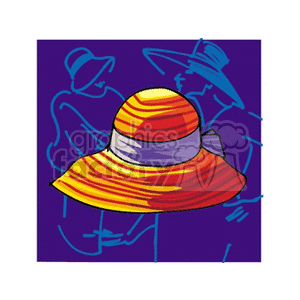 A colorful clipart image featuring a large, wide-brimmed hat with orange, yellow, and red stripes, and a purple ribbon. The background includes blue outlines of people.