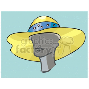 Clipart image of a mannequin head wearing a large yellow hat with a blue and pink band.