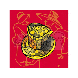 Colorful clipart of a yellow and black checkered top hat with abstract outlines of people wearing hats in the background on a red background.