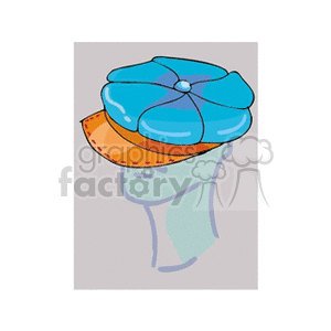 A clipart image depicting a person's head wearing a blue and orange cap with a flower-like design on top.