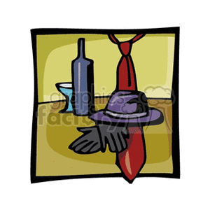 A clipart image depicting a collection of items including a blue bottle, a cocktail glass, a red tie, a purple hat, and black gloves.