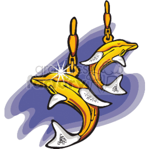 The clipart image depicts a pair of dangle earrings. The earrings are designed in the shape of dolphins, appearing golden with shiny, reflective highlights suggesting a metallic finish. They have silver-colored accents on the tail and fins and are hanging from what looks to be gold hooks.