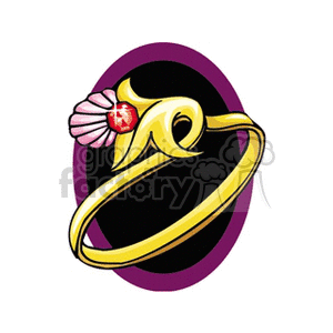 A clipart image of a gold ring with a shell and gemstone design, set against a purple and black oval background.