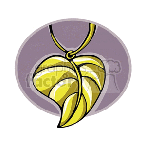 A stylized clipart image of a yellow leaf pendant on a necklace, set against a purple oval background.