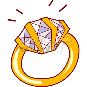 A clipart image of a golden ring featuring a large diamond with stylized sparkles.