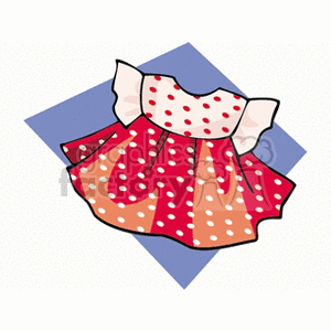 Clipart image of a red and orange polka dot dress with white frills on a blue background.