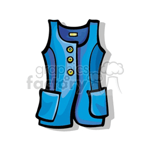 Clipart image of a blue vest with three yellow buttons and two front pockets.