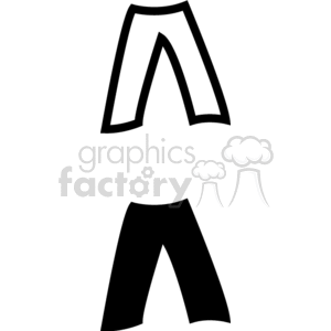 A clipart image featuring two pairs of pants. The top pair is outlined in black, and the bottom pair is filled in black.