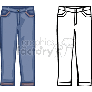 The clipart image shows a pair of blue denim jeans, with pockets on the front and back, folded at the waistline. The jeans have a straight leg style and a zipper fly. They are in both a blue style, and plain white (line drawing)