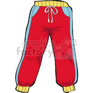 The clipart image shows a pair of red pants, specifically tracksuit bottoms. The pants have an elastic top, and a pull cord that can be tied up