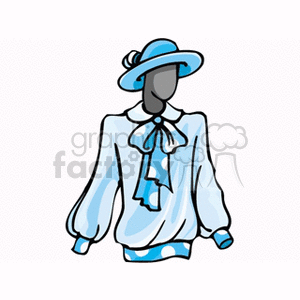 Clipart image of a lady's outfit featuring a light blue blouse and matching hat.