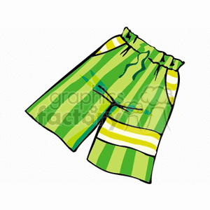 Green and yellow striped shorts with an elastic waistband.