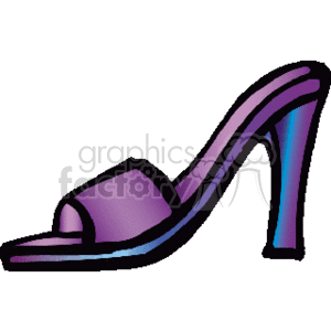 The image shows a single high-heeled shoe. The shoe appears to have a high stiletto heel, a peep-toe design, and it is shaded in purples and blues. It is a stylized representation often used in clipart collections.